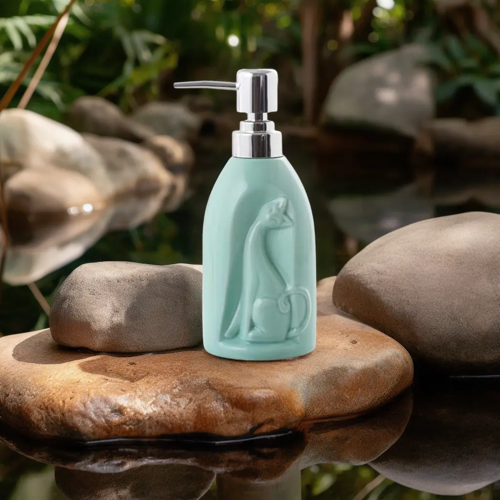 Prompt: A shampoo on stone, in a pond, trees in the background.