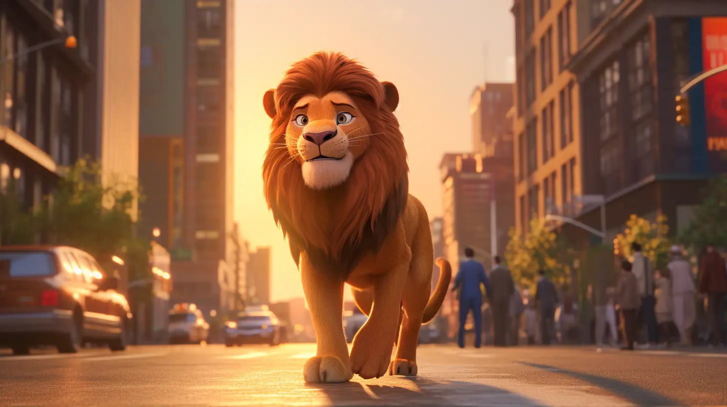 3D animated, cinematic, eye-level shot, Simba standing in busy new york street, with people walking and tall building, illuminated by the warm glow of the setting sun --ar 16:9 