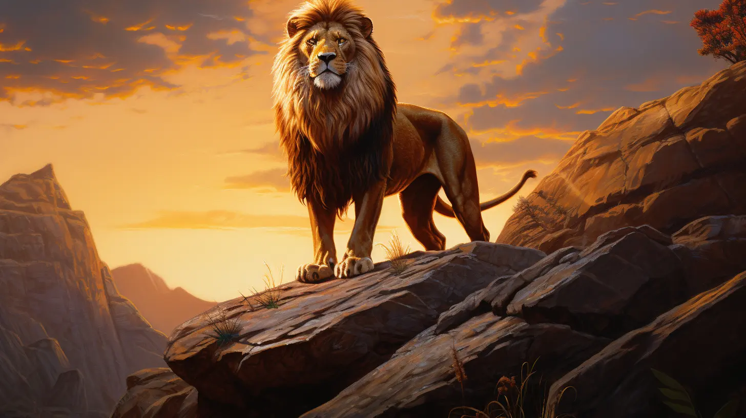 Oil painting, cinematic, low-angle shot, Simba standing proudly on top of Pride Rock, illuminated by the warm glow of the setting sun --ar 16:9