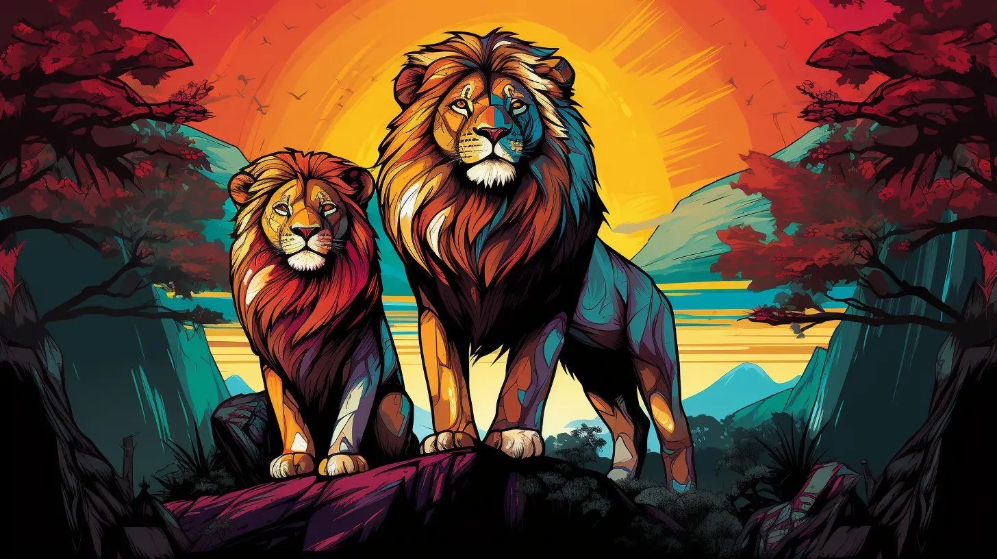 Illustration, pop art, wide-angle - Simba and Mufasa standing majestically on Pride Rock, surrounded by vibrant, bold colors and dynamic patterns that pay homage to the iconic pop art style. --ar 16:9